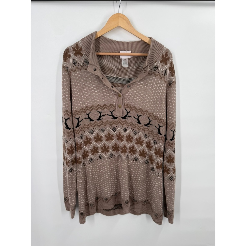 Marleylilly Fair Isle Henley Sweater Womens XL Leaf Antler Autumn Cozy Rustic